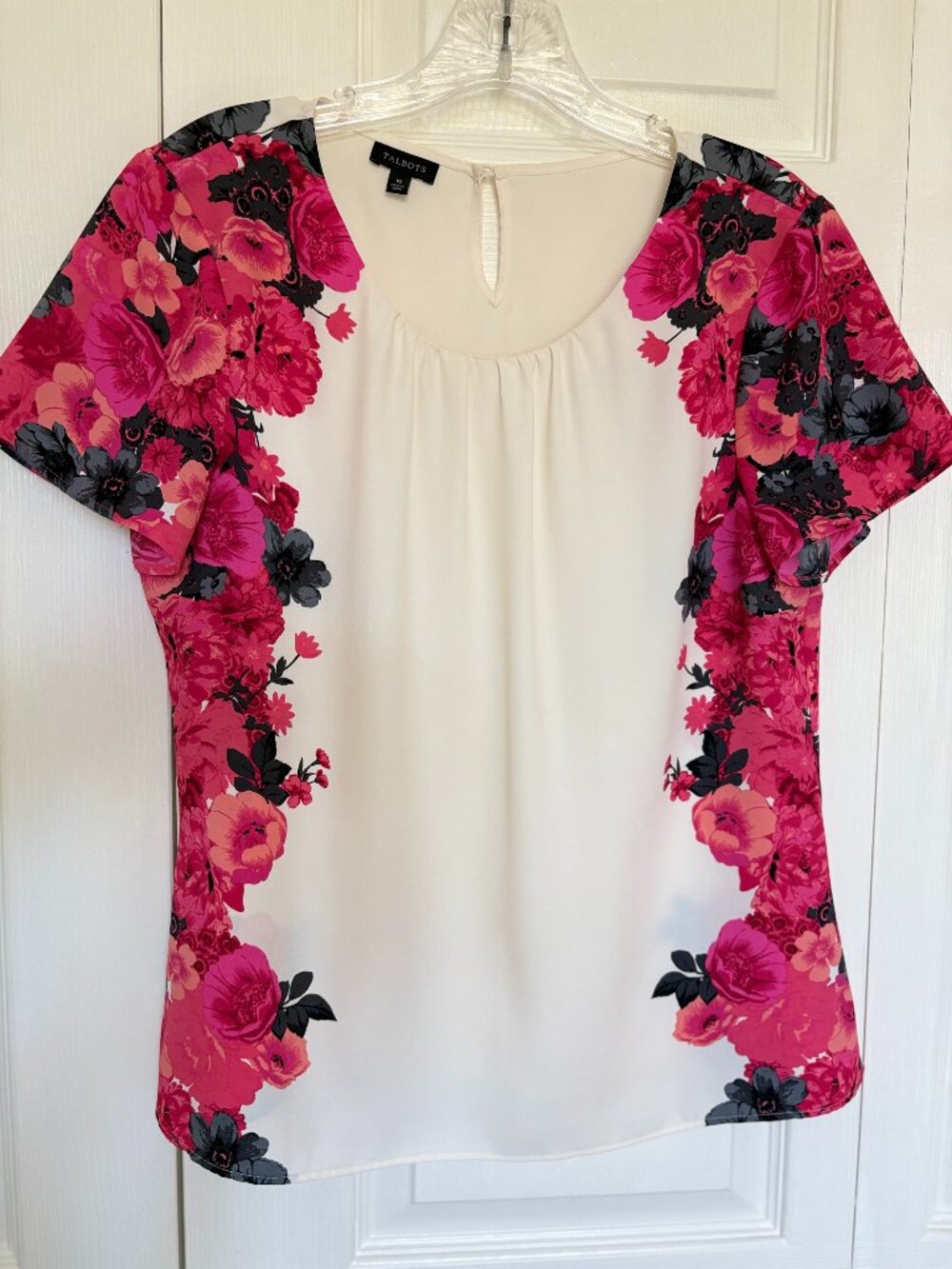 Talbots White & Pink Floral Side Panel Short Sleeve Blouse - Size 10